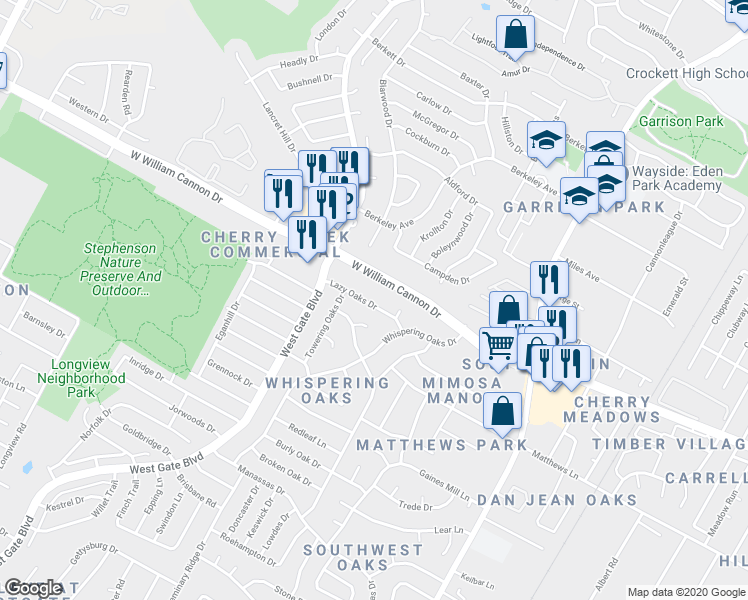 map of restaurants, bars, coffee shops, grocery stores, and more near 2600 Lazy Oaks Drive in Austin