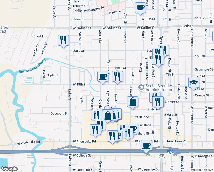 map of restaurants, bars, coffee shops, grocery stores, and more near 409 W 18th St in Lake Charles