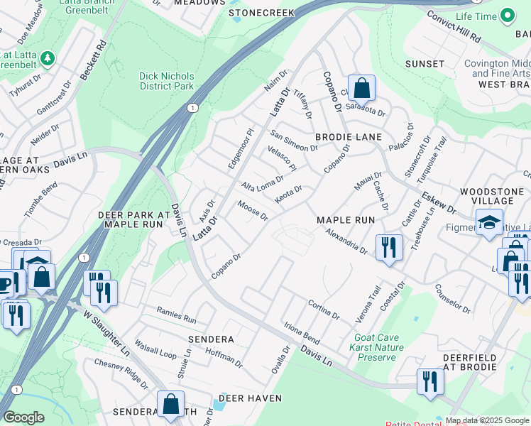 map of restaurants, bars, coffee shops, grocery stores, and more near 4508 Moose Drive in Austin