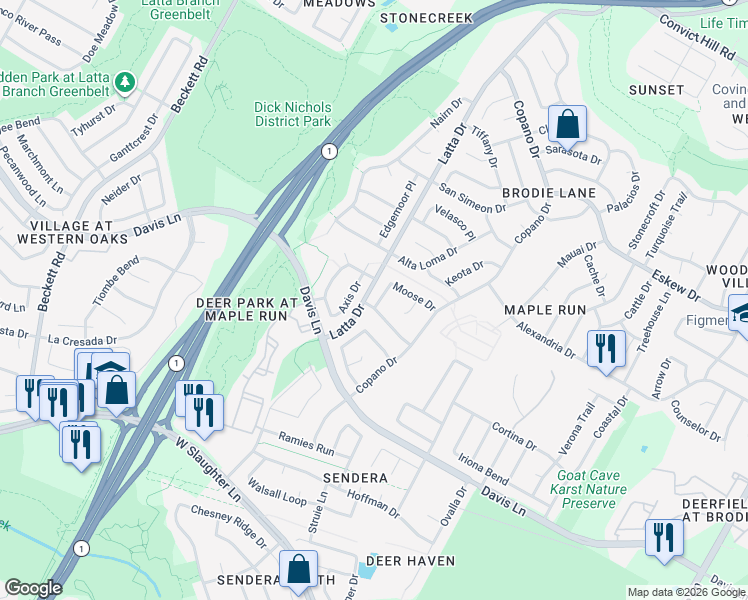 map of restaurants, bars, coffee shops, grocery stores, and more near 8517 Axis Drive in Austin