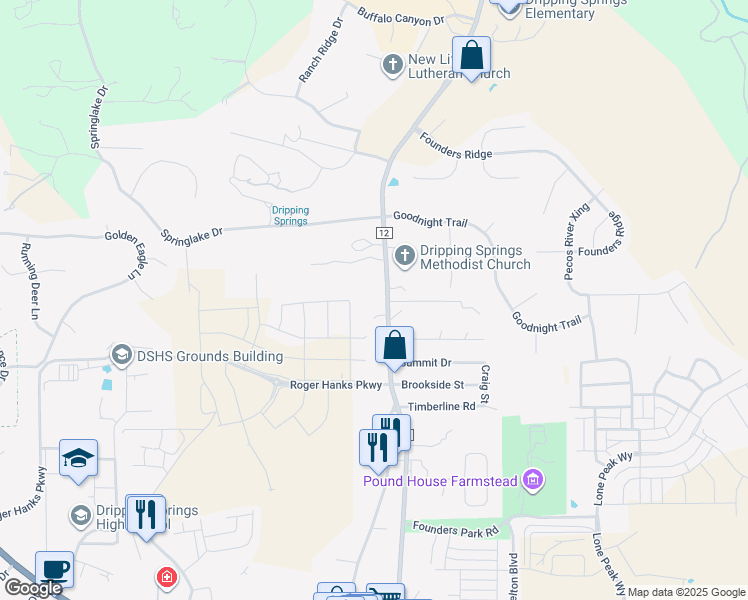 map of restaurants, bars, coffee shops, grocery stores, and more near 28721 Ranch Road 12 in Dripping Springs