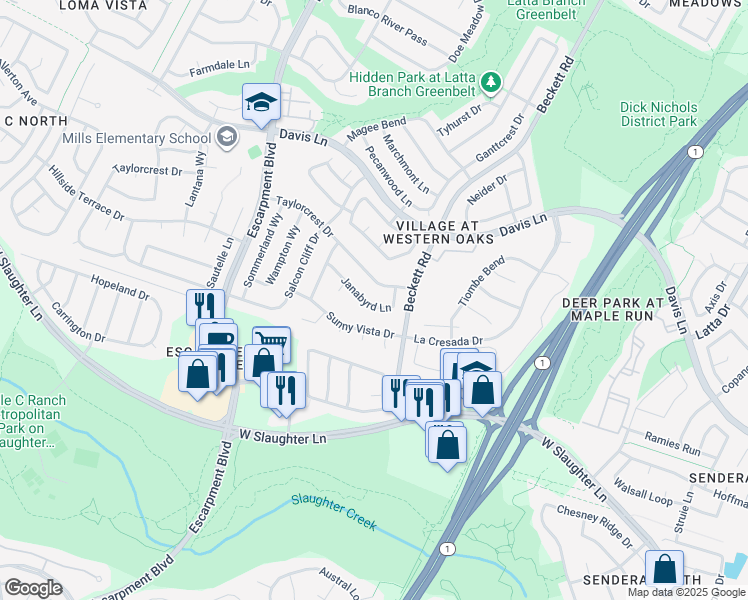map of restaurants, bars, coffee shops, grocery stores, and more near 5716 Janabyrd Lane in Austin