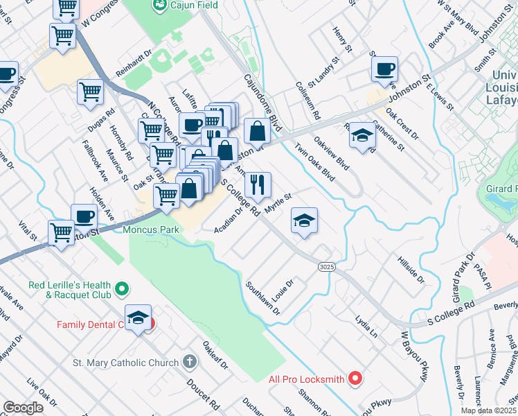 map of restaurants, bars, coffee shops, grocery stores, and more near 117 South College Road in Lafayette