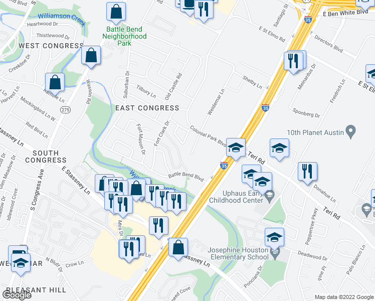 map of restaurants, bars, coffee shops, grocery stores, and more near 5108 Weidemar Lane in Austin