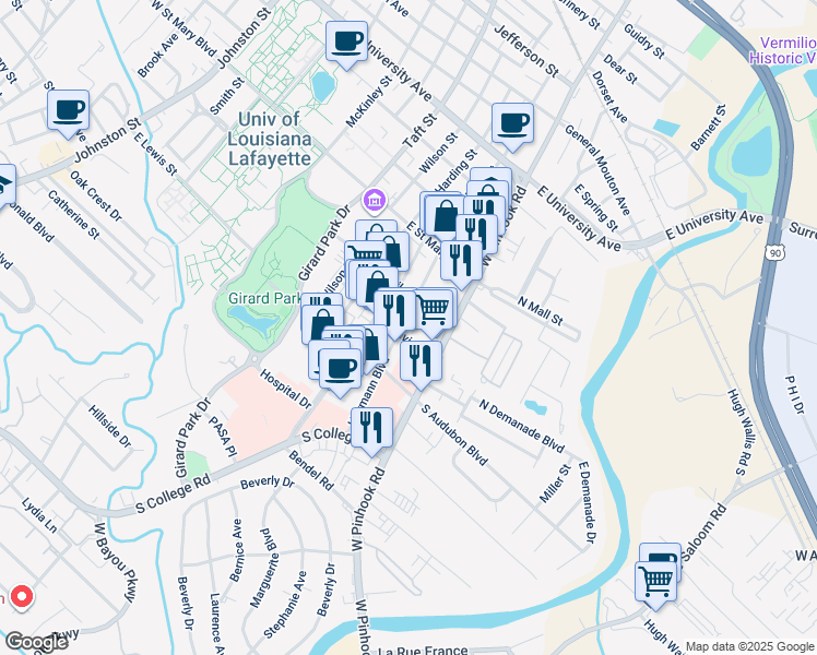 map of restaurants, bars, coffee shops, grocery stores, and more near 229 Heymann Boulevard in Lafayette