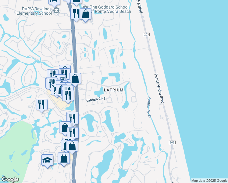 map of restaurants, bars, coffee shops, grocery stores, and more near 212 Charlemagne Circle in Ponte Vedra Beach
