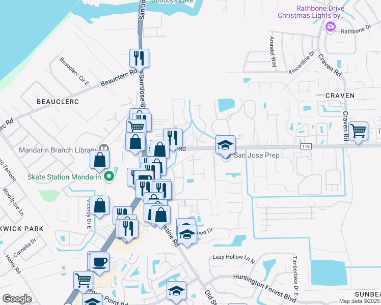 map of restaurants, bars, coffee shops, grocery stores, and more near 3968 Sunbeam Road in Jacksonville