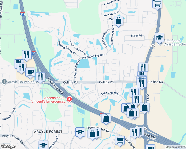 map of restaurants, bars, coffee shops, grocery stores, and more near 6505 Collins Road in Jacksonville