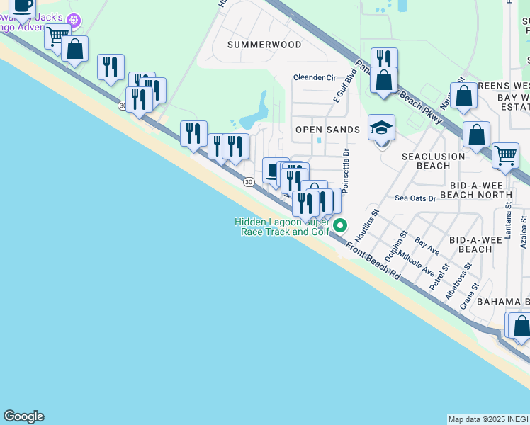 map of restaurants, bars, coffee shops, grocery stores, and more near 14701 Front Beach Road in Panama City Beach