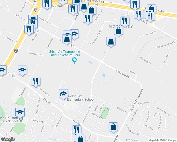 map of restaurants, bars, coffee shops, grocery stores, and more near E St Elmo Rd in Austin