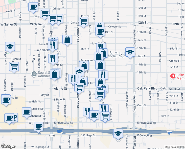 map of restaurants, bars, coffee shops, grocery stores, and more near 705 Fall St in Lake Charles