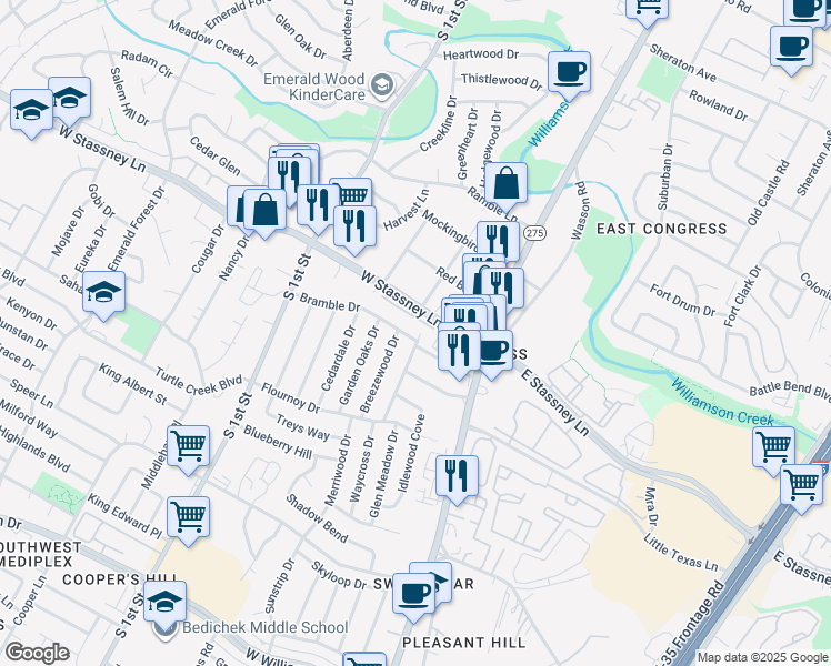 map of restaurants, bars, coffee shops, grocery stores, and more near 302 Bramble Dr in Austin