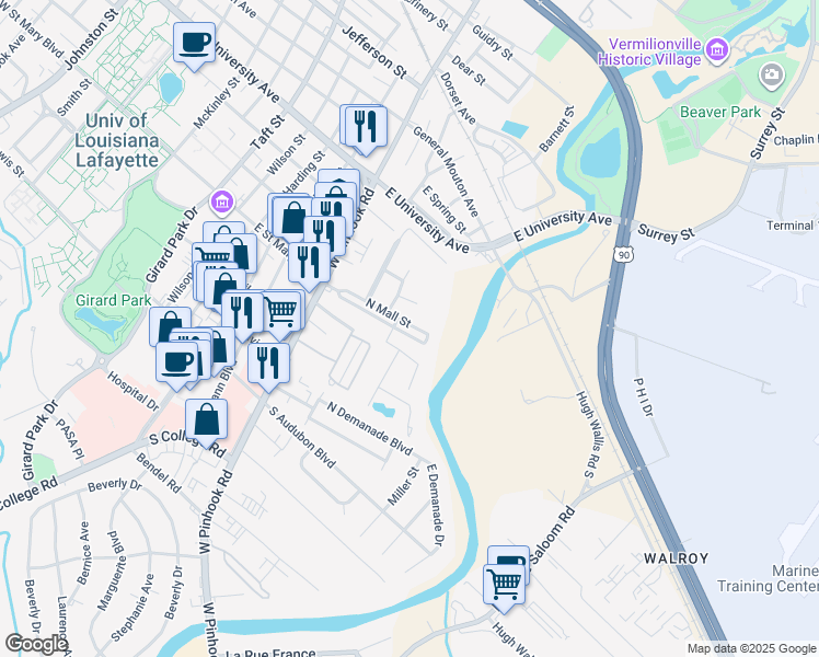 map of restaurants, bars, coffee shops, grocery stores, and more near 408 North Mall Street in Lafayette