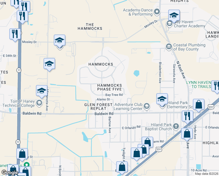 map of restaurants, bars, coffee shops, grocery stores, and more near 3706 Bay Tree Road in Lynn Haven