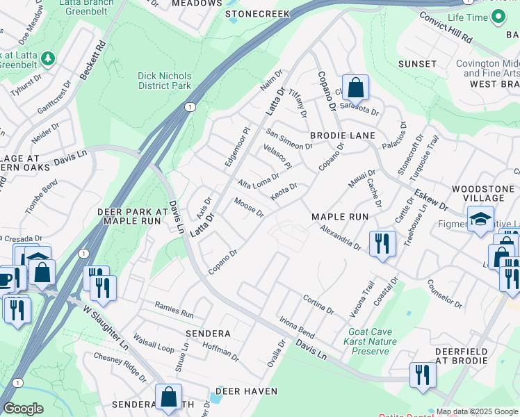 map of restaurants, bars, coffee shops, grocery stores, and more near 4508 Moose Drive in Austin