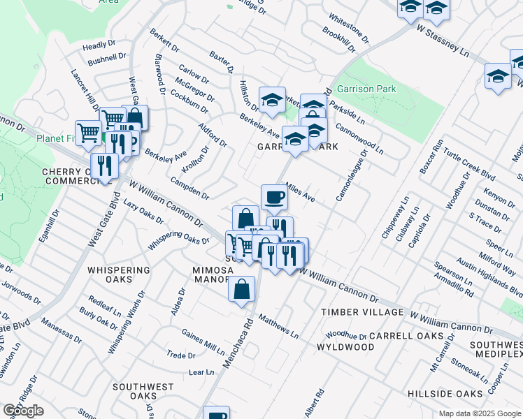 map of restaurants, bars, coffee shops, grocery stores, and more near 6704 Menchaca Road in Austin
