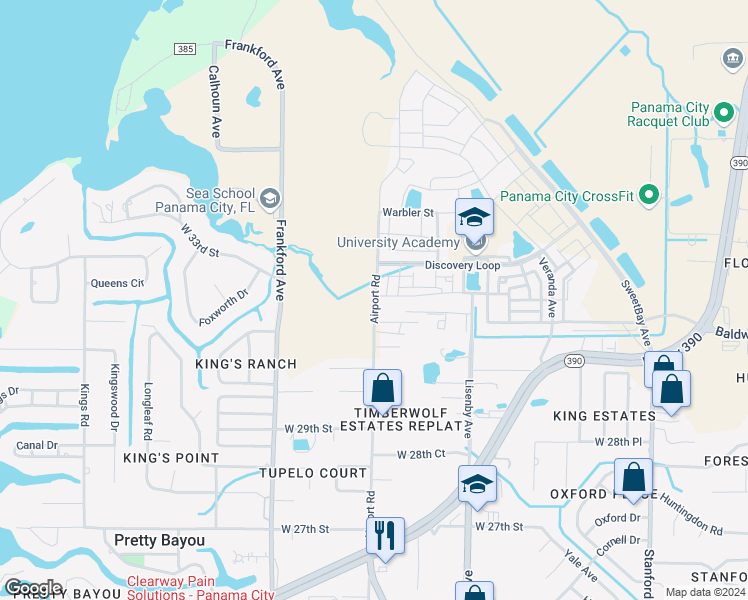 map of restaurants, bars, coffee shops, grocery stores, and more near 3469 Airport Road in Panama City