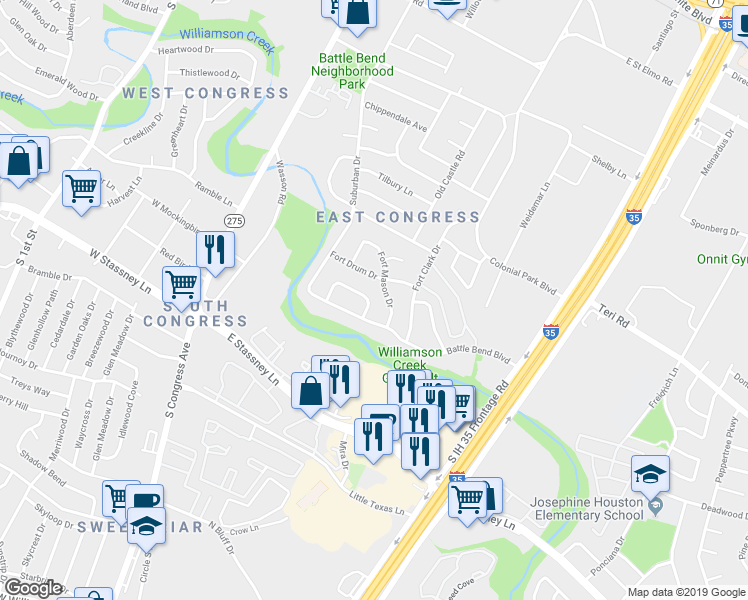 map of restaurants, bars, coffee shops, grocery stores, and more near 510 Chihuahua Trail in Austin