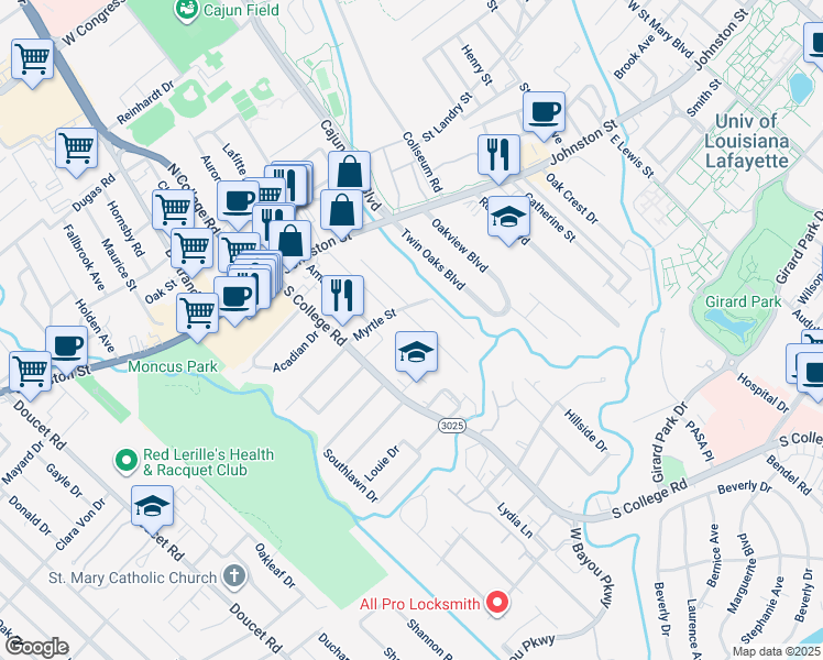 map of restaurants, bars, coffee shops, grocery stores, and more near 223 Bertrand Street in Lafayette
