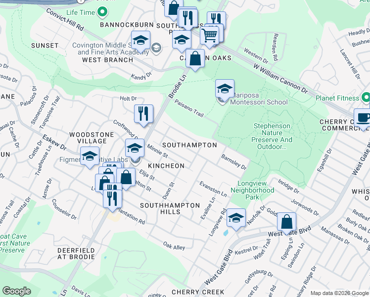 map of restaurants, bars, coffee shops, grocery stores, and more near 3310 Harpers Ferry Lane in Austin