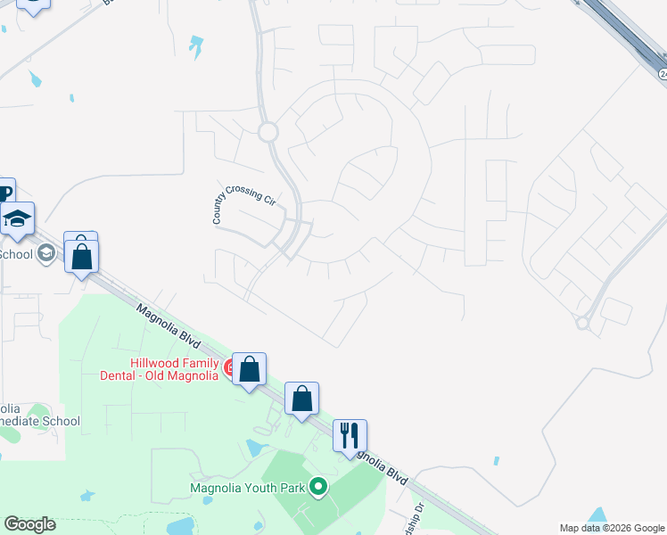 map of restaurants, bars, coffee shops, grocery stores, and more near 130 South Ridge Park Drive in Magnolia