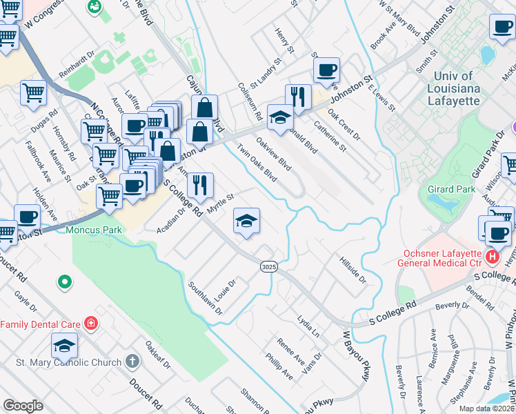 map of restaurants, bars, coffee shops, grocery stores, and more near 223 Bertrand Street in Lafayette