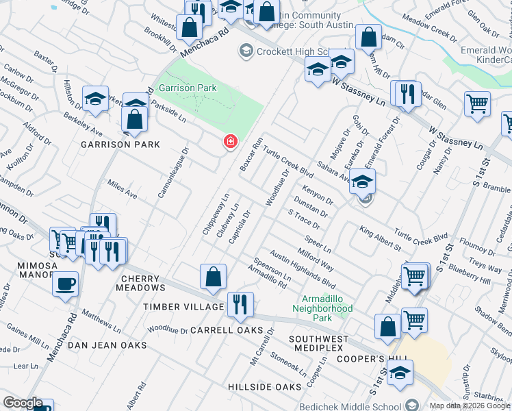 map of restaurants, bars, coffee shops, grocery stores, and more near 6303 Woodhue Drive in Austin