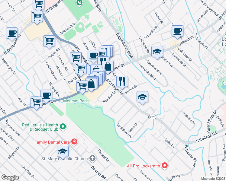 map of restaurants, bars, coffee shops, grocery stores, and more near 155 Acadian Drive in Lafayette