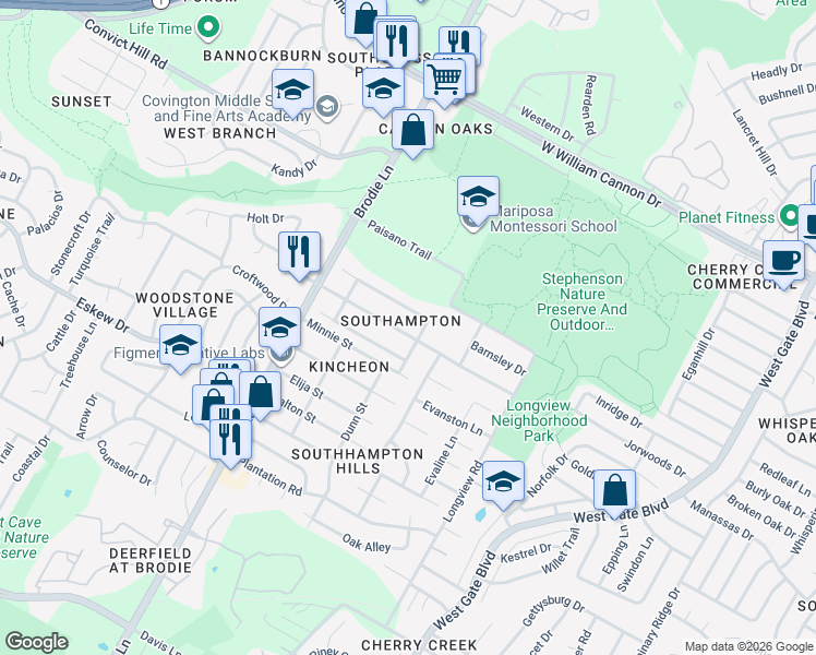 map of restaurants, bars, coffee shops, grocery stores, and more near 3310 Harpers Ferry Lane in Austin