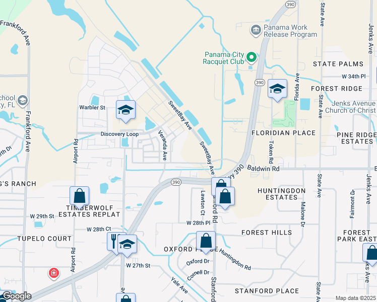 map of restaurants, bars, coffee shops, grocery stores, and more near 1113 Saint Andrews Boulevard in Panama City