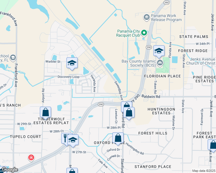 map of restaurants, bars, coffee shops, grocery stores, and more near 3100 SweetBay Avenue in Panama City