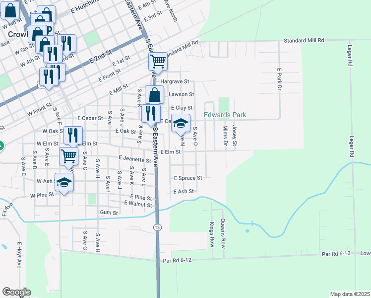 map of restaurants, bars, coffee shops, grocery stores, and more near 901-999 E Elm St in Crowley