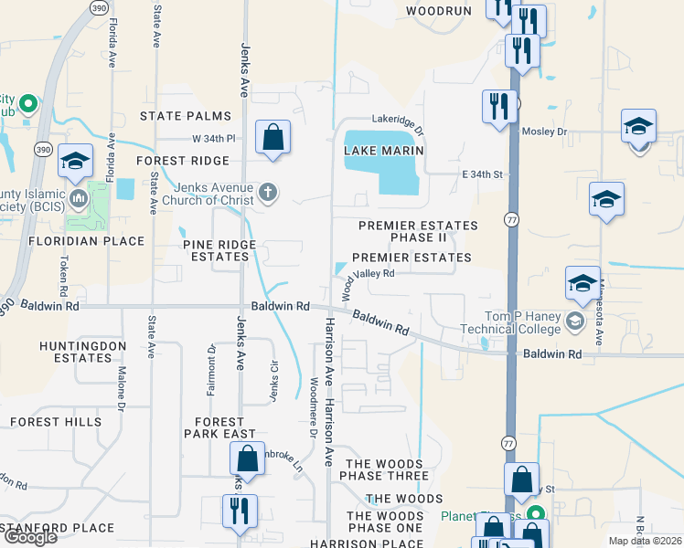 map of restaurants, bars, coffee shops, grocery stores, and more near 3111 Wood Valley Road in Panama City