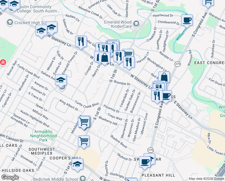 map of restaurants, bars, coffee shops, grocery stores, and more near 5710 Blythewood Drive in Austin
