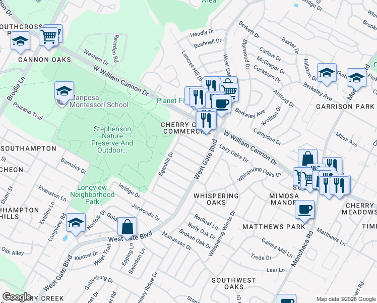 map of restaurants, bars, coffee shops, grocery stores, and more near 2713 Bryonhall Drive in Austin