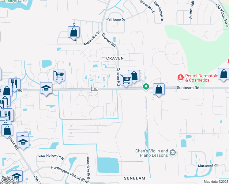 map of restaurants, bars, coffee shops, grocery stores, and more near 4388 Sunbeam Road in Jacksonville