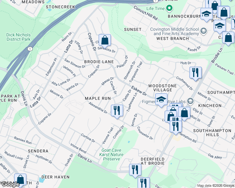 map of restaurants, bars, coffee shops, grocery stores, and more near 8206 Los Ranchos Drive in Austin