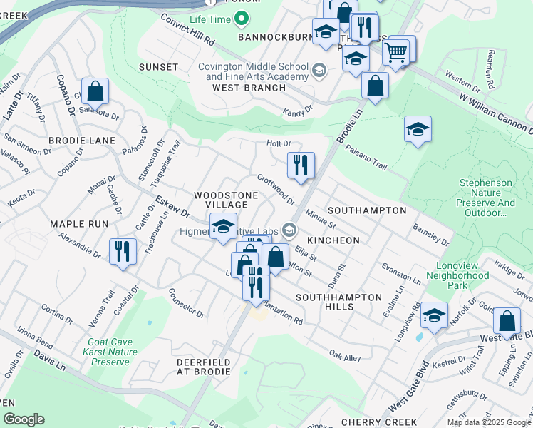 map of restaurants, bars, coffee shops, grocery stores, and more near 7802 Whitsun Drive in Austin