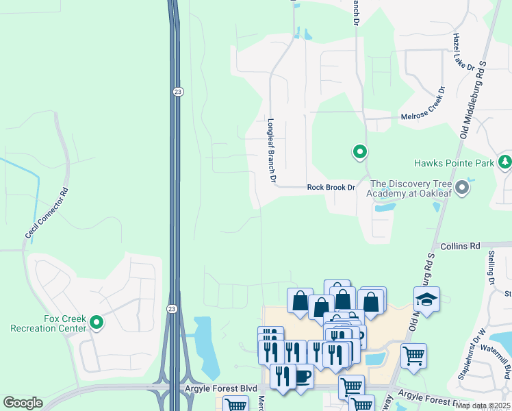 map of restaurants, bars, coffee shops, grocery stores, and more near 7944 Merchants Way in Jacksonville