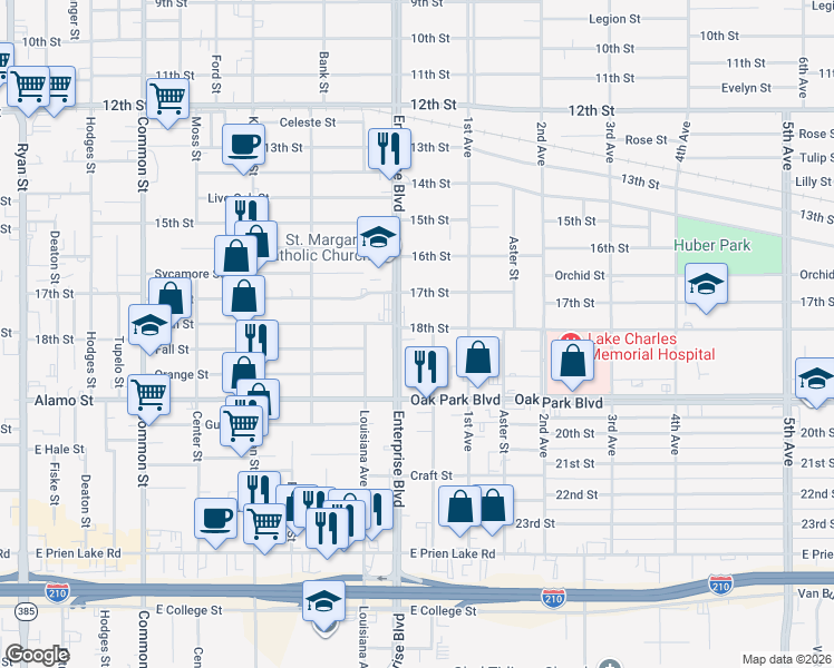 map of restaurants, bars, coffee shops, grocery stores, and more near 2701 Enterprise Boulevard in Lake Charles