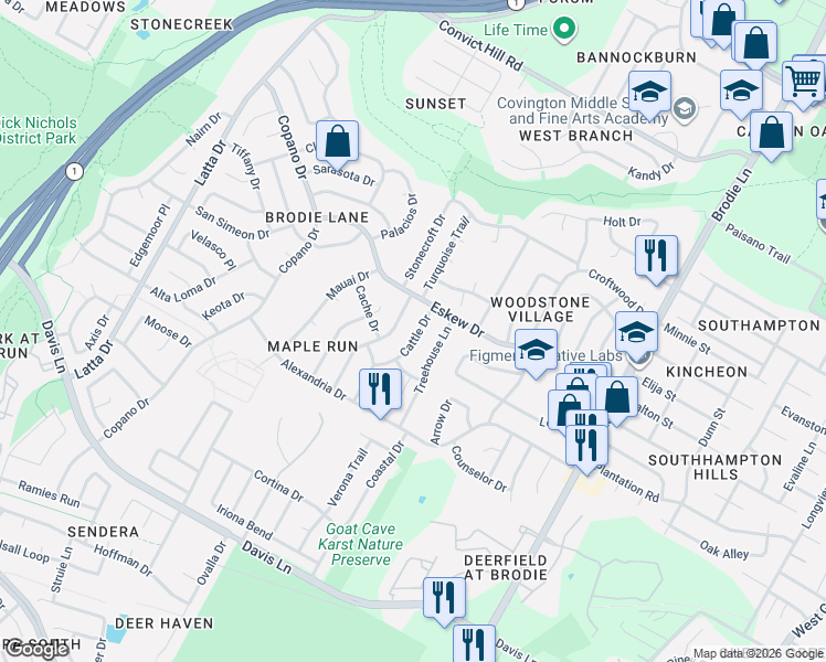 map of restaurants, bars, coffee shops, grocery stores, and more near 8106 Cattle Drive in Austin