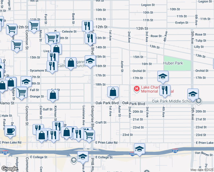 map of restaurants, bars, coffee shops, grocery stores, and more near 2701 Warren Ave in Lake Charles