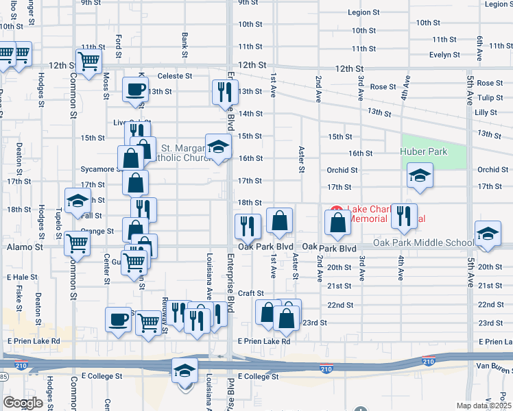 map of restaurants, bars, coffee shops, grocery stores, and more near 2701 Warren Ave in Lake Charles