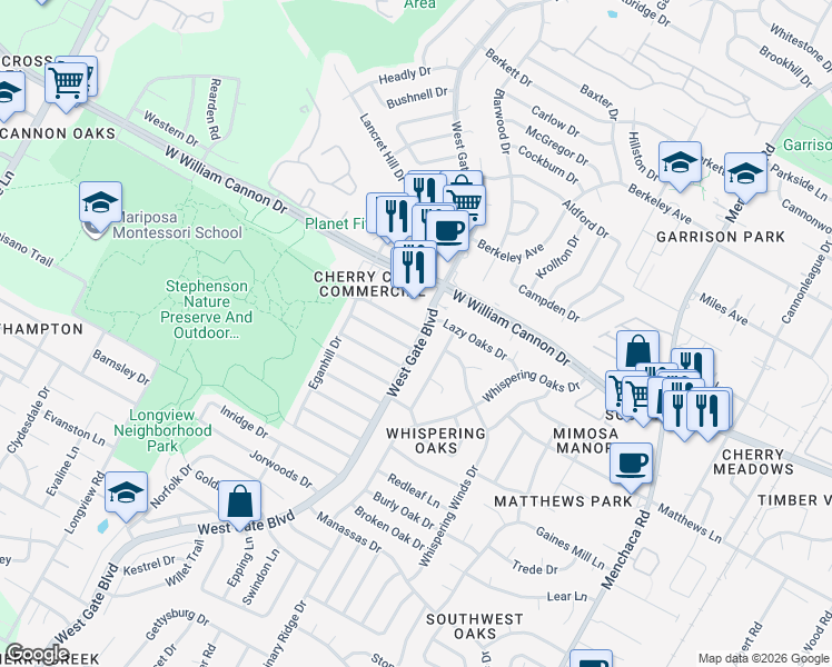 map of restaurants, bars, coffee shops, grocery stores, and more near 2701 Alderwood Drive in Austin