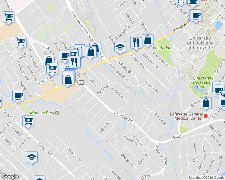 map of restaurants, bars, coffee shops, grocery stores, and more near 218 Bertrand Street in Lafayette