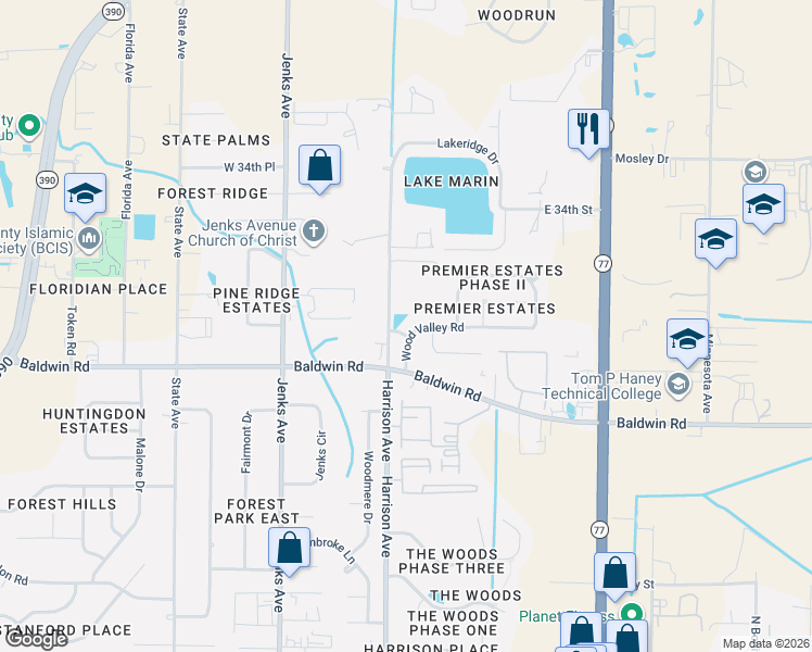 map of restaurants, bars, coffee shops, grocery stores, and more near 3111 Wood Valley Rd in Panama City