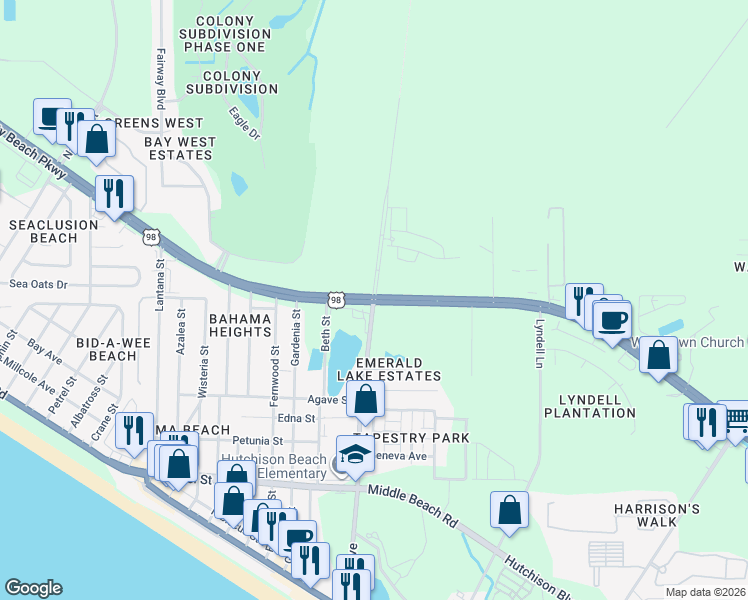 map of restaurants, bars, coffee shops, grocery stores, and more near in Panama City Beach