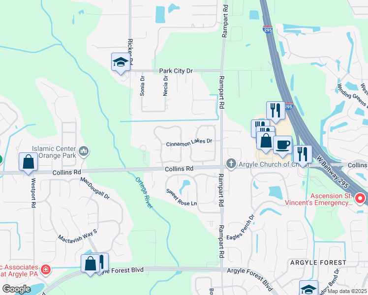 map of restaurants, bars, coffee shops, grocery stores, and more near 7804 Allspice Circle East in Jacksonville