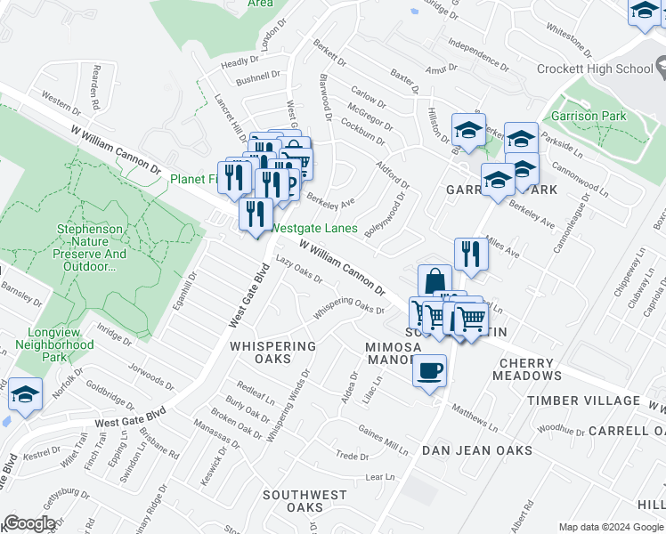 map of restaurants, bars, coffee shops, grocery stores, and more near 2501 West William Cannon Drive in Austin