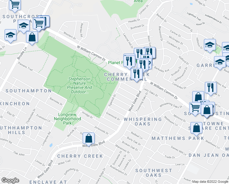 map of restaurants, bars, coffee shops, grocery stores, and more near 7206 Eganhill Drive in Austin